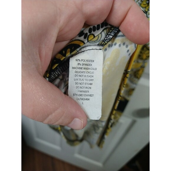 FANG Woman L Tunic Blouse Babydoll Yellow Black S/S Retro Hippie Casual - Picture 7 of 7